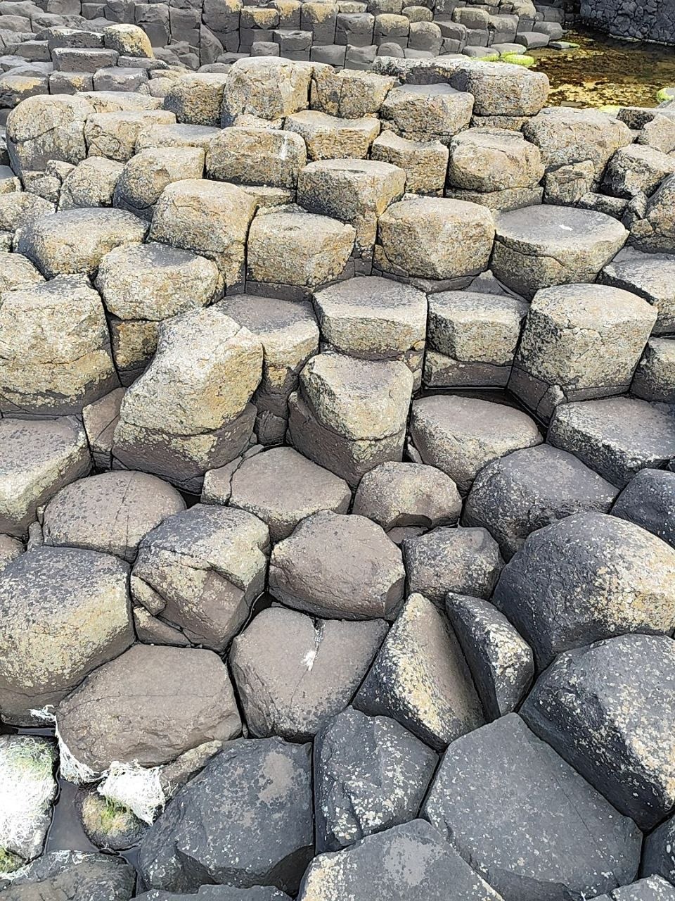 Columnas hexagonales de basalto de la Calzada del Gigante descendiendo hacia el mar (Antrim, Irlanda del Norte)